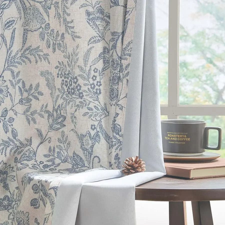 Floral Blue Curtains with Linen Lining Rustic Style, Length 84 Inches, with Back Languages, for Living and Bedroom, with Floral Pattern, Country Style