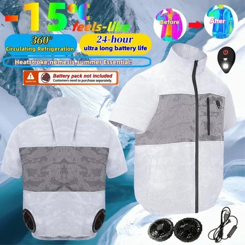 Giacca rinfrescante portatile con 2 ventole, 360 ° Abbigliamento da Lavoro Estivo con Refrigerazione a Circolazione, Batteria Non Inclusa