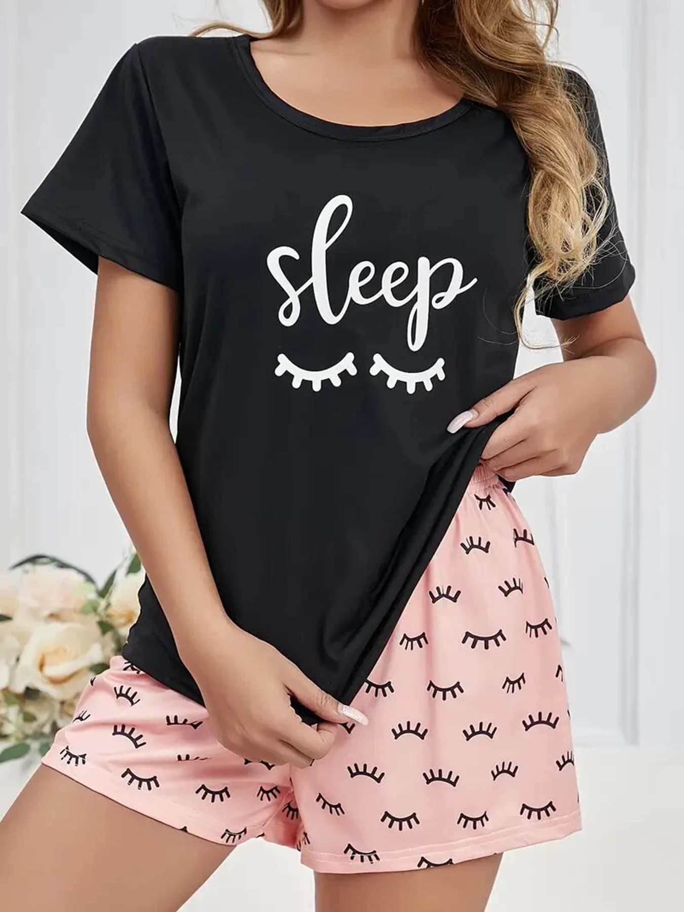 Pigiama da donna con scollo rotondo, pullover a maniche corte e pantaloncini, set 2 pezzi, primavera estate, grazioso stampato ciglia, abbigliamento per la casa