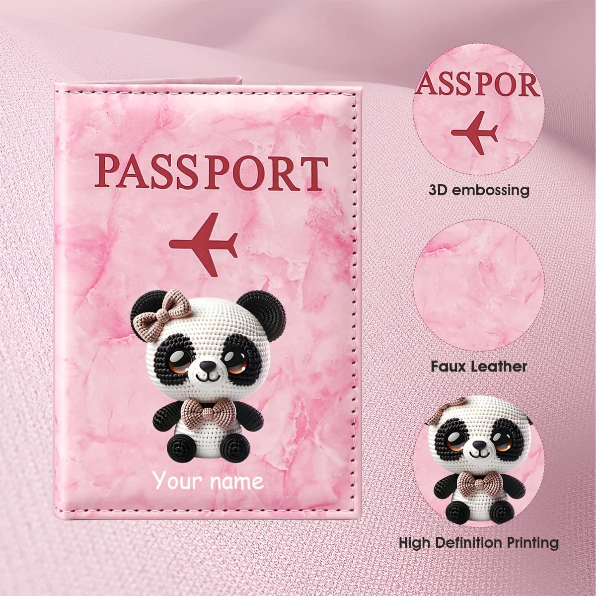 Custom Name Cute Panda Cartoon Pattern Passport Holder, Adorable Panda with Bow Design Showcases Warm Healing Style