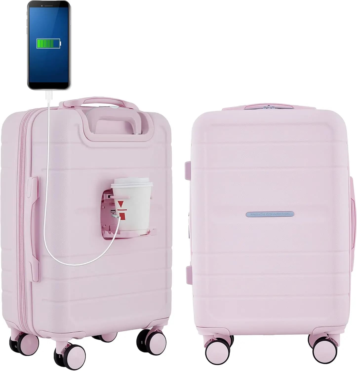 Valigia da cabina rosa con portabicchieri e porte USB, valigia leggera da viaggio