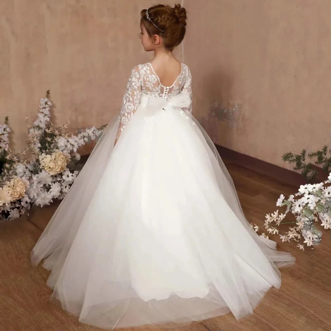 Abito da ragazza di fiore avorio personalizzato con applicazioni Flory con fiocco a maniche lunghe per abiti da comunione per feste di ballo di compleanno di nozze