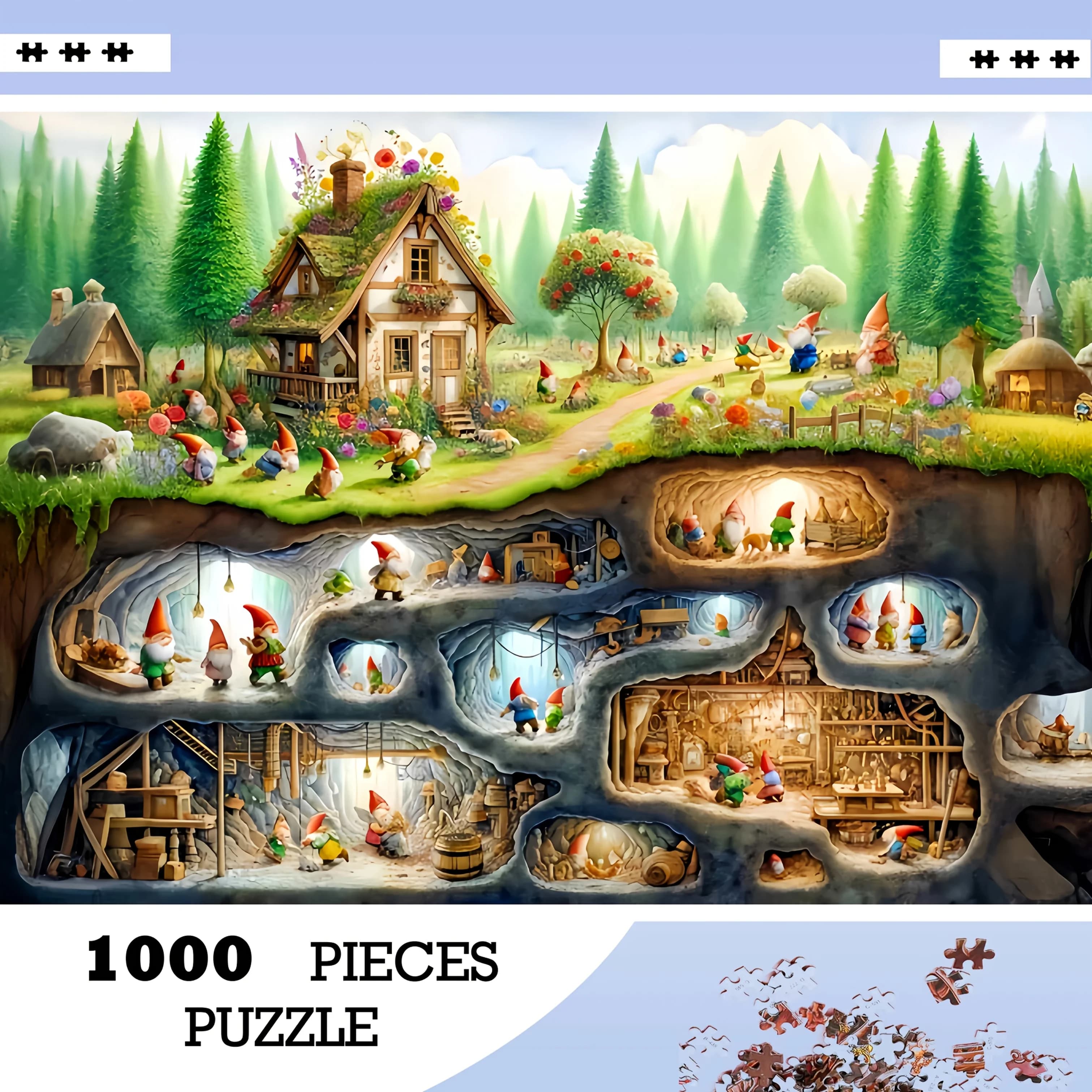 Puzzle Gnome Cave da 1000 pezzi: stravagante a tema nano, cottage affascinante, bagliore magico, carta resistente, 50.04 cm x 69,85 cm, F