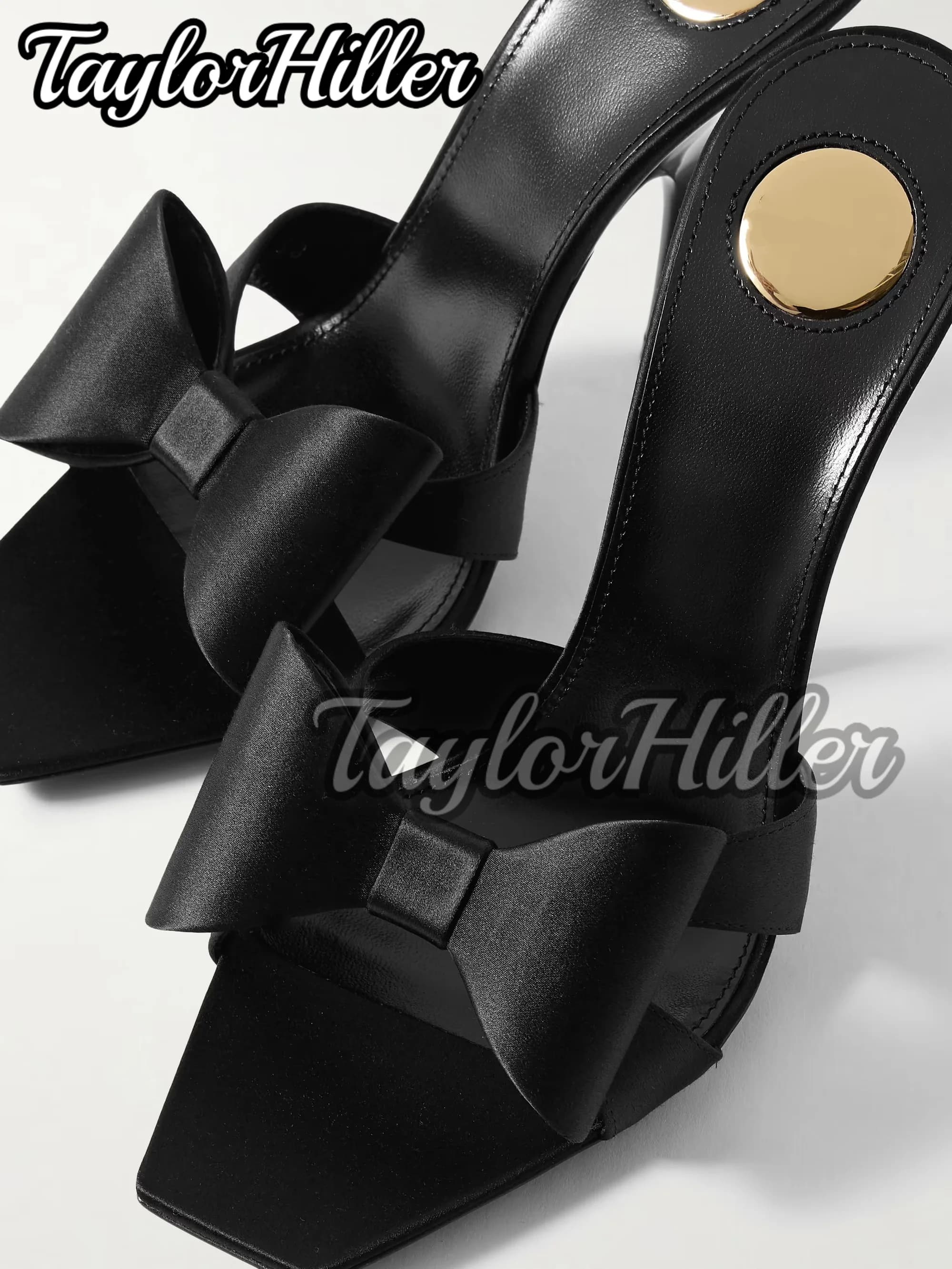 Black Satin Butterfly-knot Mule Sandals Luxury Women Slip On High Heels Sexy Outer Slippers Summer 7 9CM Solid Sqaure Toe Shoes