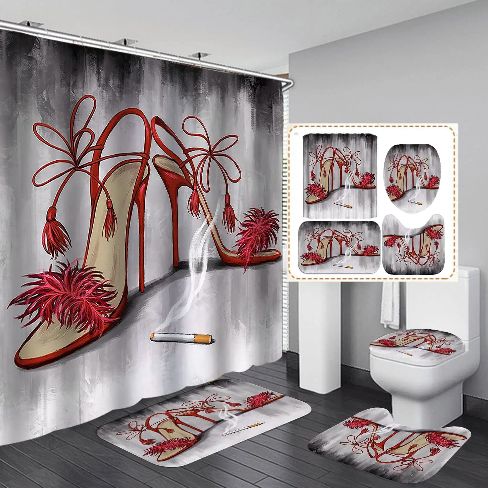 Set di tende da doccia per sigarette con tacco alto rosso sexy Set di tappetini da bagno Tende da bagno con ganci Tappeto piedistallo antiscivolo Copriwater