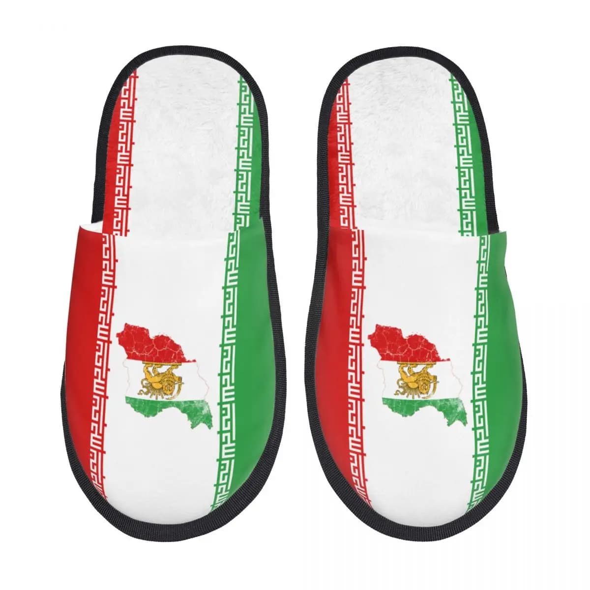Pantofole in memory foam personalizzate con mappa della bandiera dell'Iran con emblema di leone e sole, pantofole da casa vintage calde e comode da donna