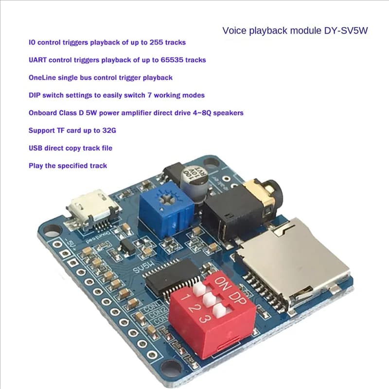 【Cavo USB-C】 Modulo di riproduzione vocale 3X DY-SV5W per lettore musicale MP3 Amplificatore di riproduzione vocale Scheda SD/TF da 5 W Scheda UART integrata I/O Tr