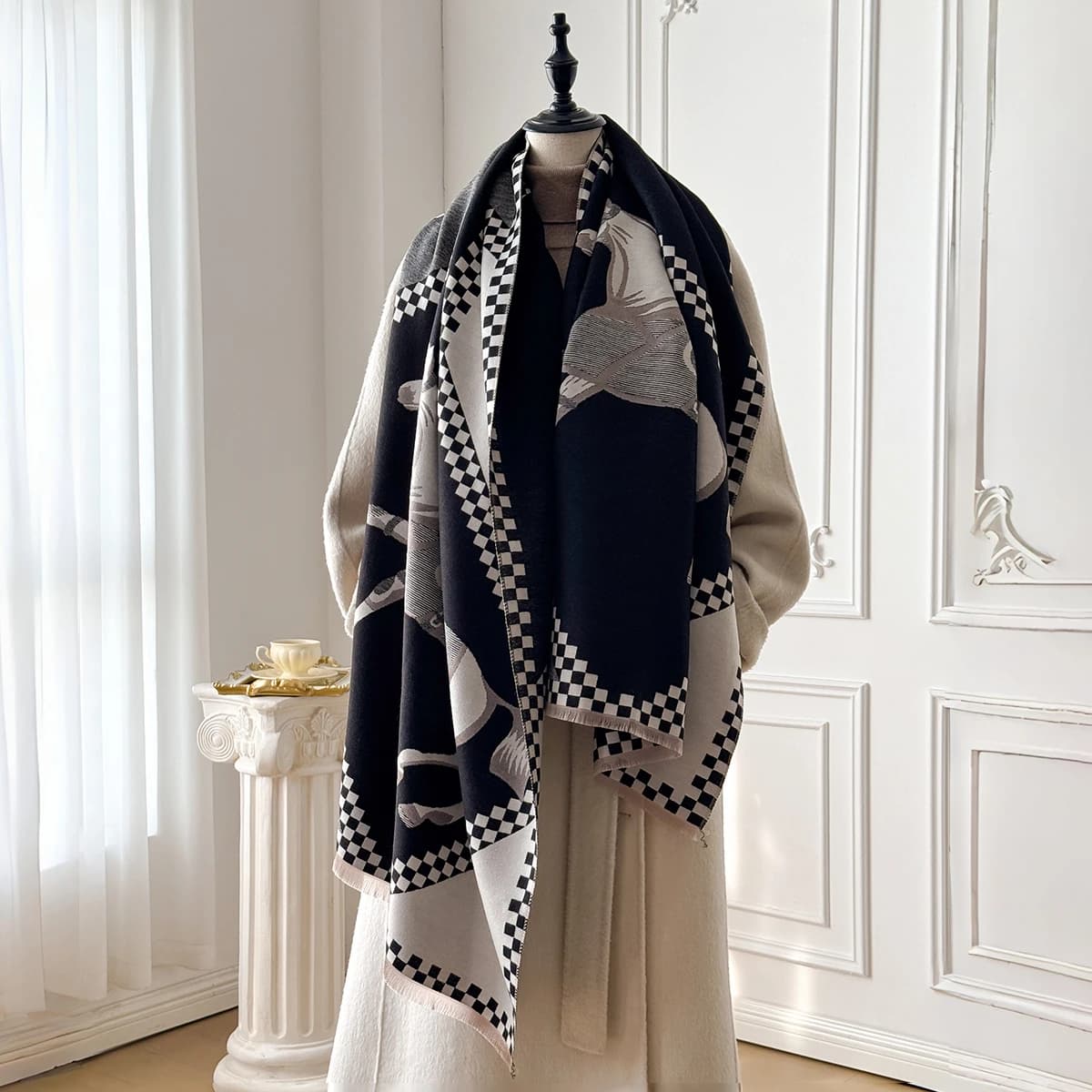 Sciarpa da donna di lusso in finto cashmere spesso - Scialle morbido con stampa scozzese e cavallo d'avvertimento vintage caldo invernale per viaggi e abbigliamento quotidiano