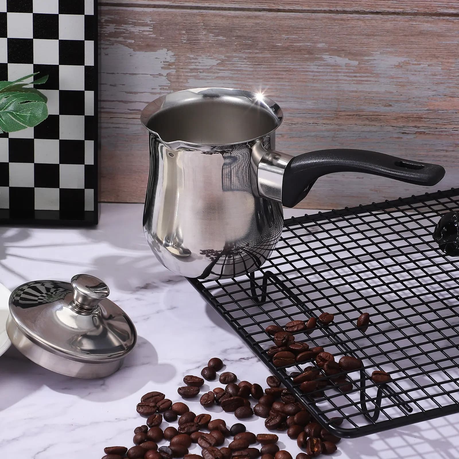 Caffettiera Turca in Acciaio Inossidabile 360ml con Manico Lungo e Coperchio, Scaldalatte, Scioglitore di Burro, Piccola Pentola per Salse, Caffettiera da Fornello