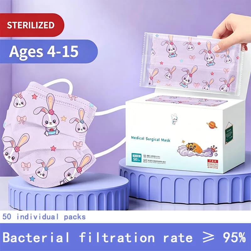 50PcsKids Disposable Face Masks Cute Cartoon Printed Protective Safety Masks 3-Ply Breathable Comfortable Earloop Design