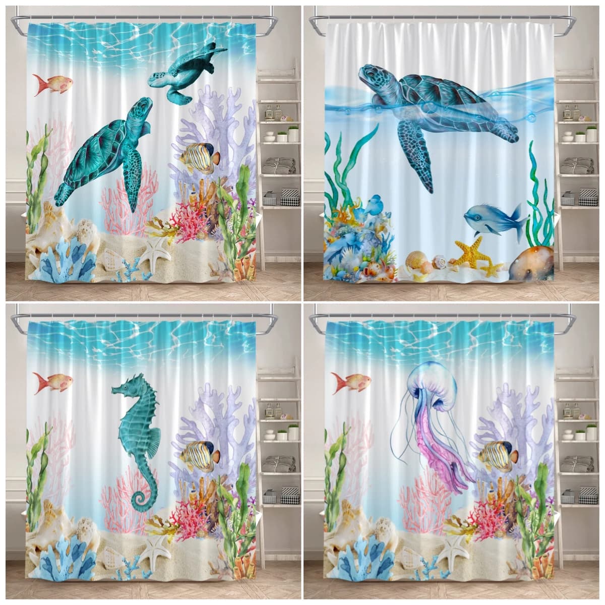 Tenda da Doccia con Animali Marini: Tartaruga Verde, Cavalluccio Marino, Medusa, Pesci Tropicali, Scenari Subacquei - Decorazione per Bagno in Tessuto