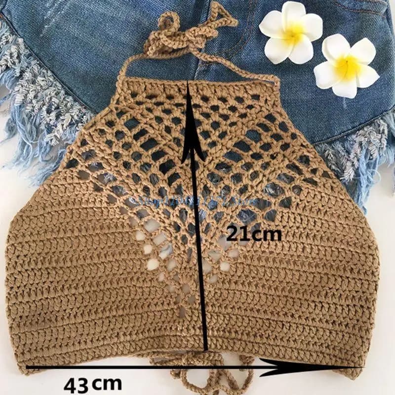 P9FC Reggiseno da donna fatto a mano all'uncinetto Boho Bralette lavorata a maglia cava smerlata