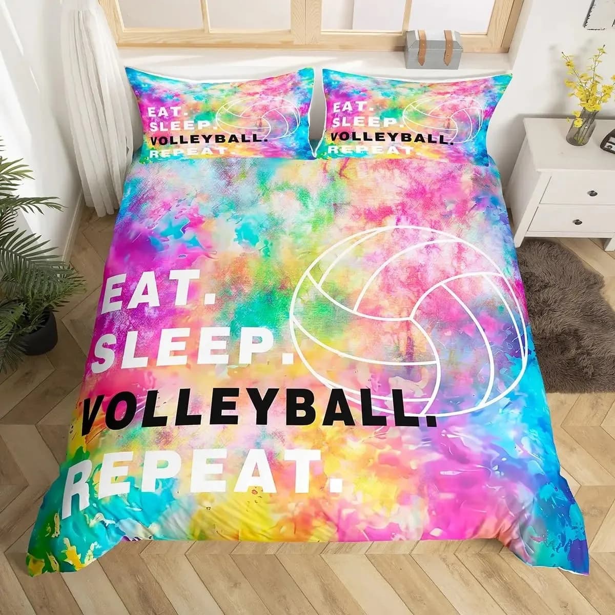 Set copripiumino pallavolo Set biancheria da letto a tema sportivo per ragazzi Adolescenti Arredamento camera da letto Copripiumino nero con 2 federe