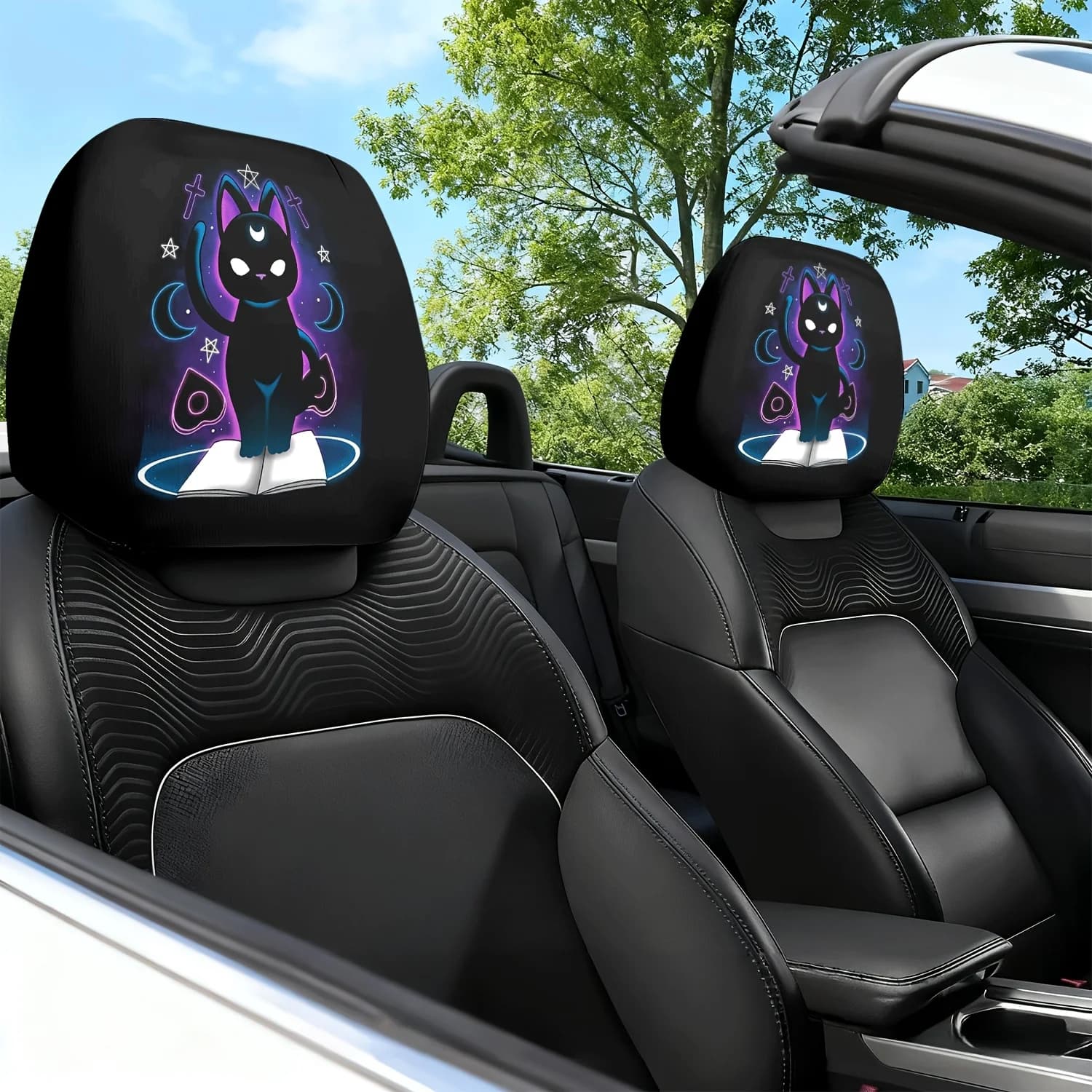 2 coprisedili per poggiatesta auto - Coprisedili per poggiatesta auto con stampa a tema gatto nero e libro magico luminoso - Antiscivolo