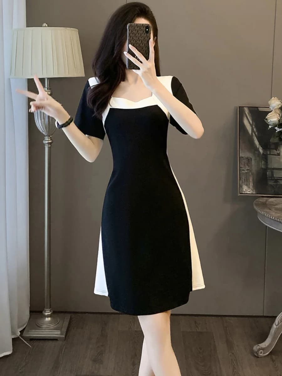 Elegant One-Shoulder Midi Dress Women's Summer Fashion Slimming High Waist Short Sleeve Color Block A-Line Skirt Dress