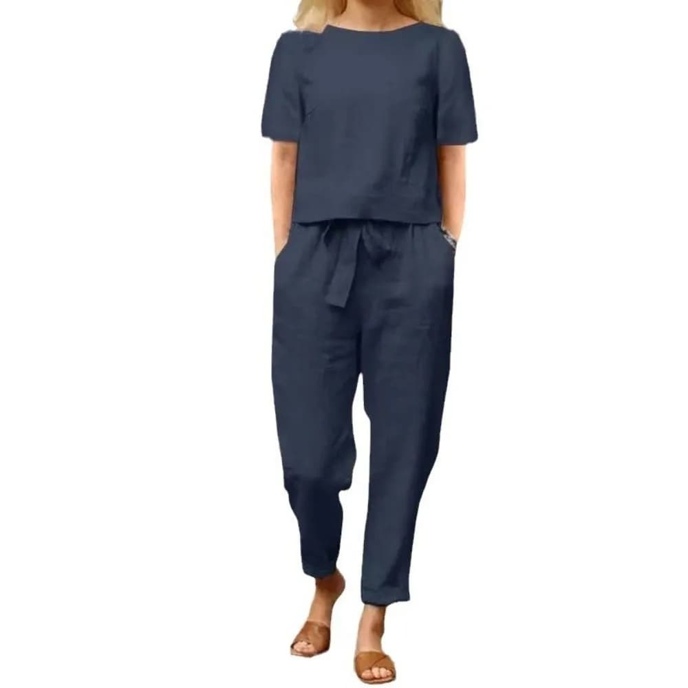 Half-sleeved Women's Cotton Linen Suit Round Neck Elastic Waist Summer Matching Suit Wide-leg Pullover Two-piece Set Daily Wear