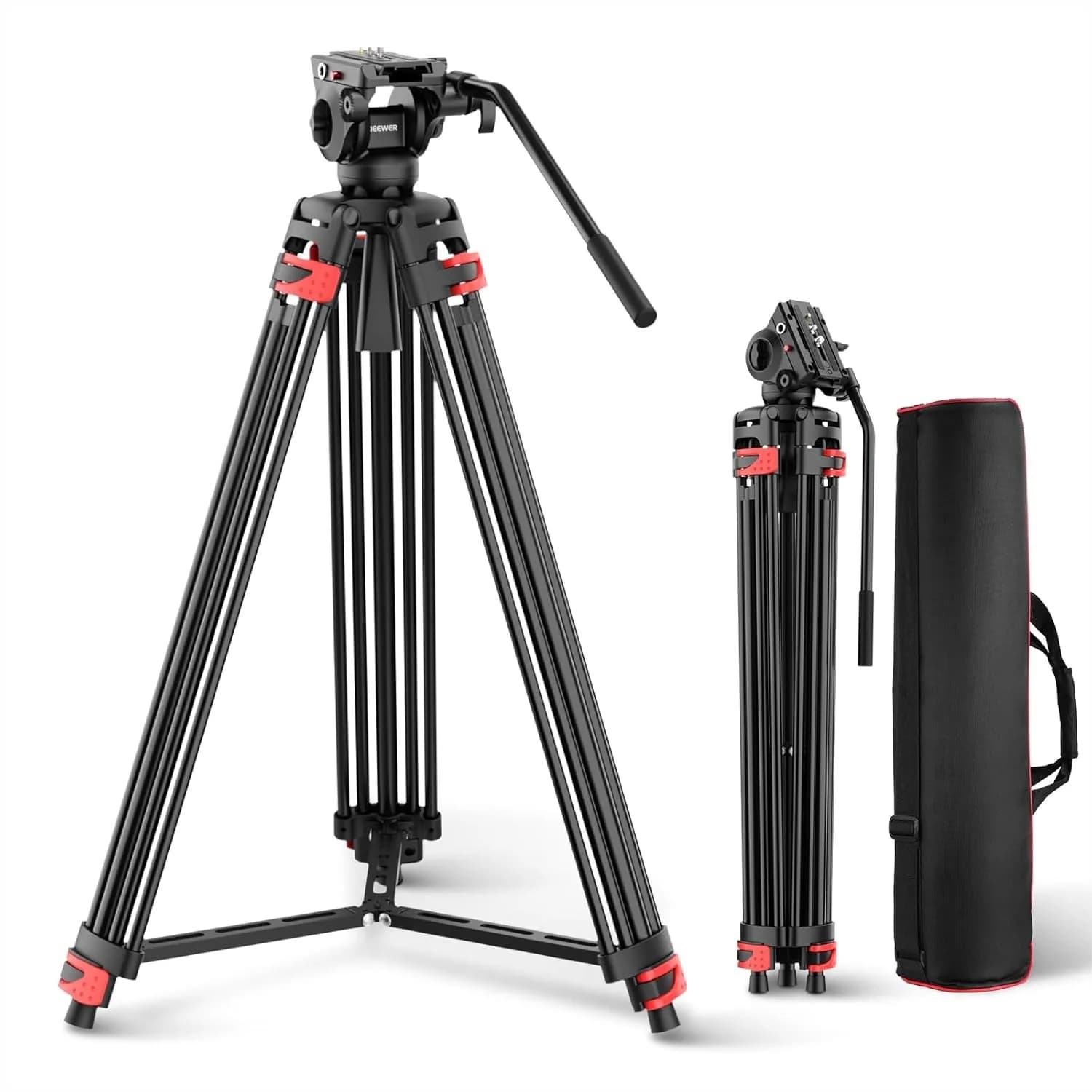 Treppiede Video da 74 Pollici con Testa Fluida, Treppiede per Fotocamera in Metallo con Smorzamento a Frizione Liscia, Stabilizzatore a Livello Medio, Piastra a Sgancio Rapido, Carico Massimo