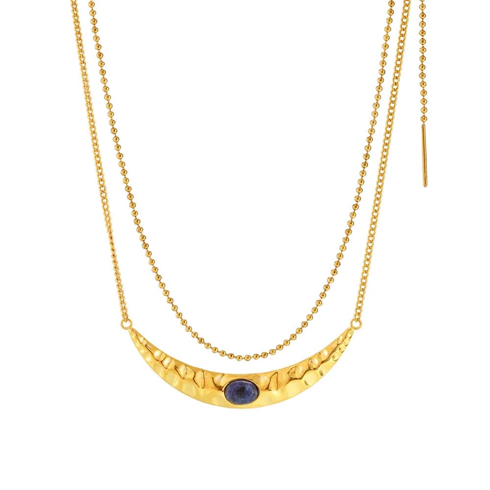 Blue Natural Stone Moon Large Pendant Necklace Women Stainless Steel PVD Gold Plated Vintage Necklace Female Luxury Jewelry Gift