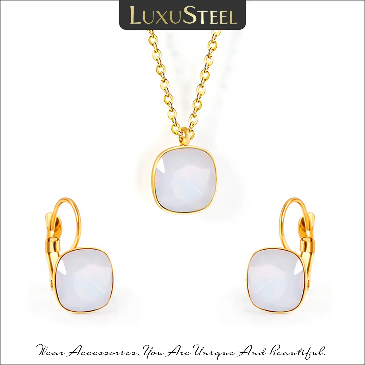 LUXUSTEEL Zirconia Jewelry Sets Wedding Jewelry Stainless Steel Geometry Pendant Necklace Earrings Bijoux Female Collars Party