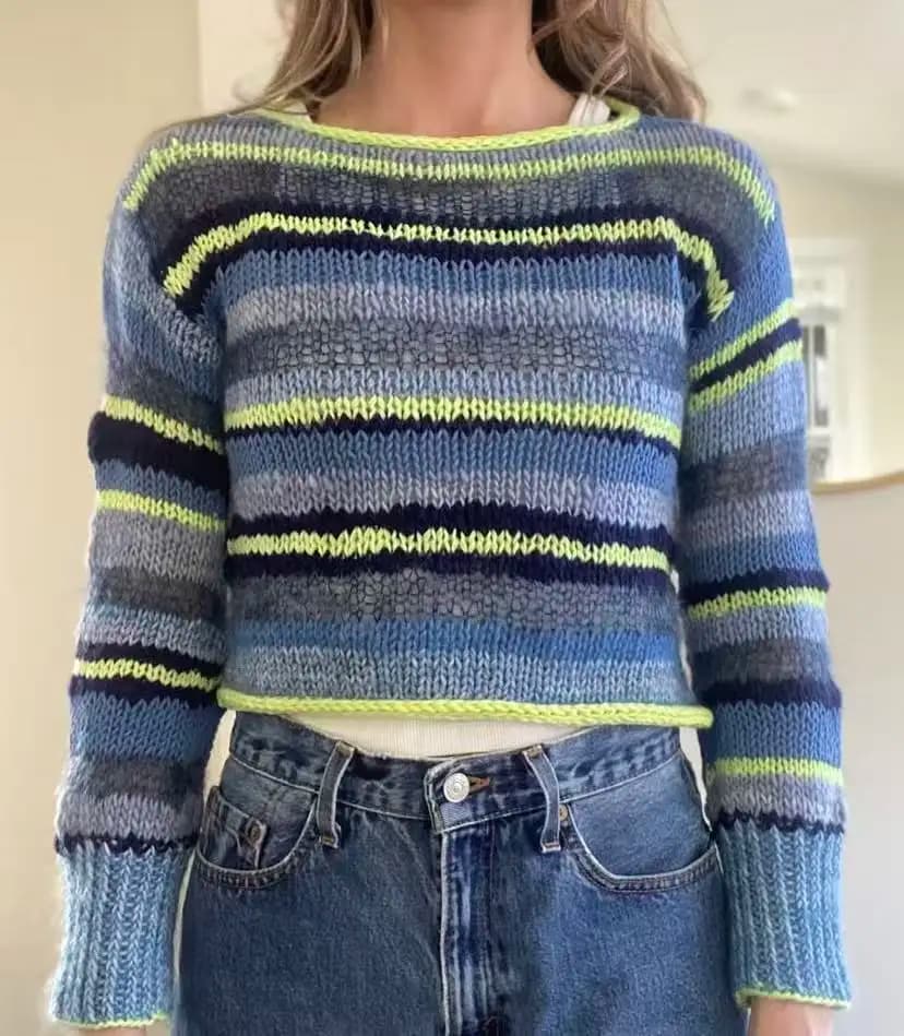 Dark colored wool soft pure wool women's round neck slim fit pullover sweater women's long sleeved striped thick needle new styl