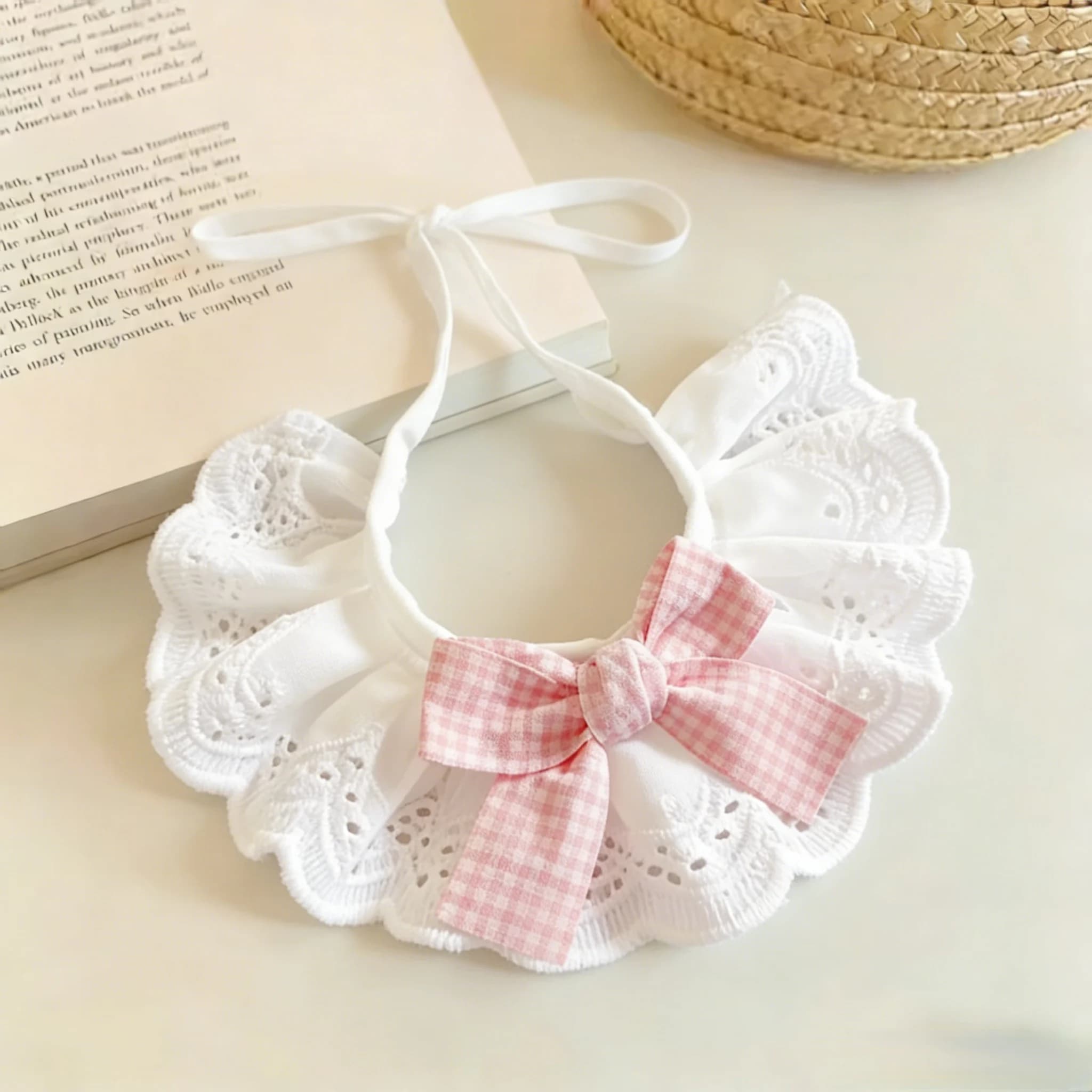 Pet Lace Bib Collar Plaid Bowknot Adjustable Ribbon White Hollow Lace Neckerchief For Cat Dog Birthday Photo Decor