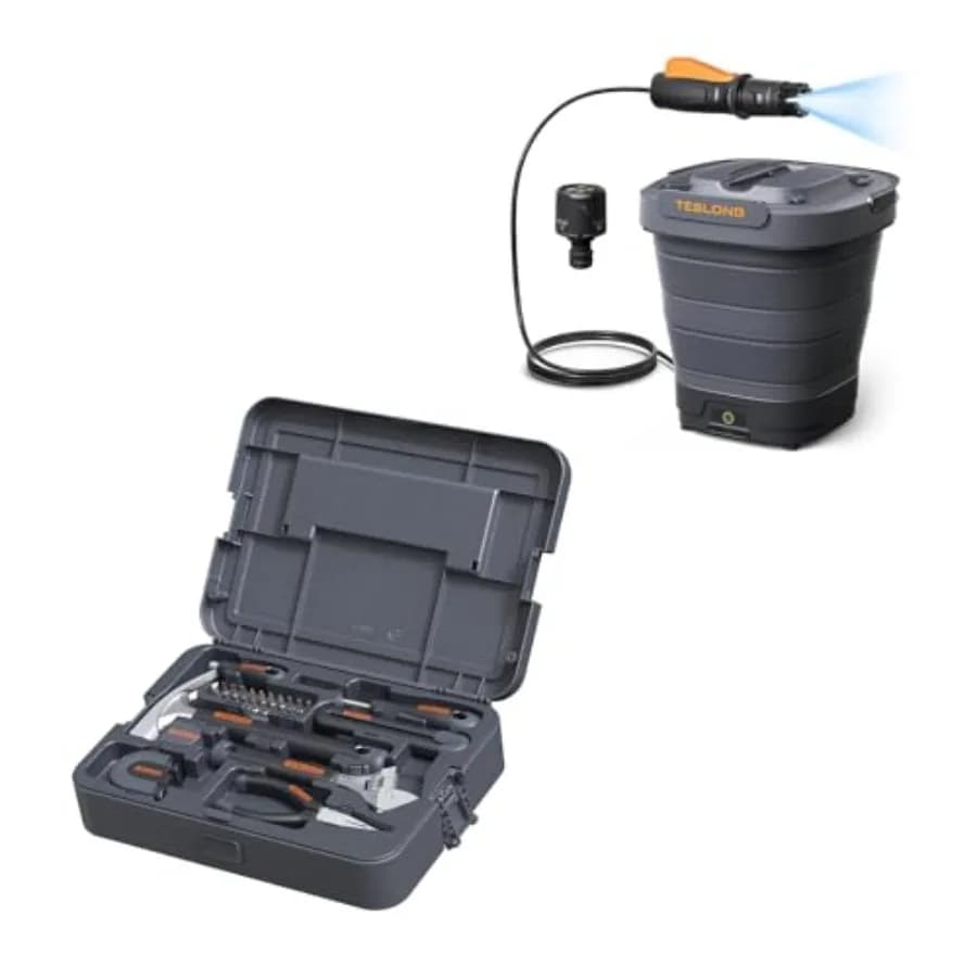 Set di 27 Utensili Manuali Base con Valigetta e Idropulitrice Elettrica Portatile con Serbatoio da 12L, Design Pieghevole 4-in-1