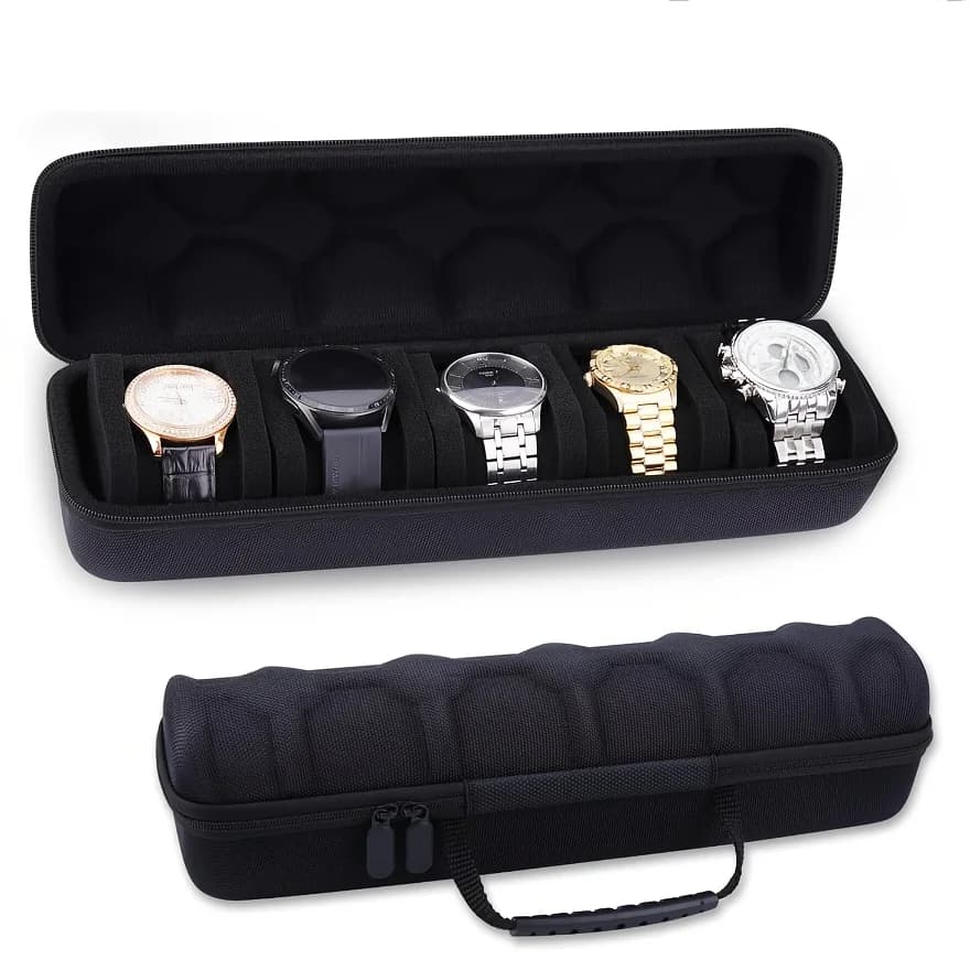 5-Slot Black Nylon Watch Travel Case - Protective Storage Organizer with Watch Pillow, Display Cabinet, and Holder Watch Case