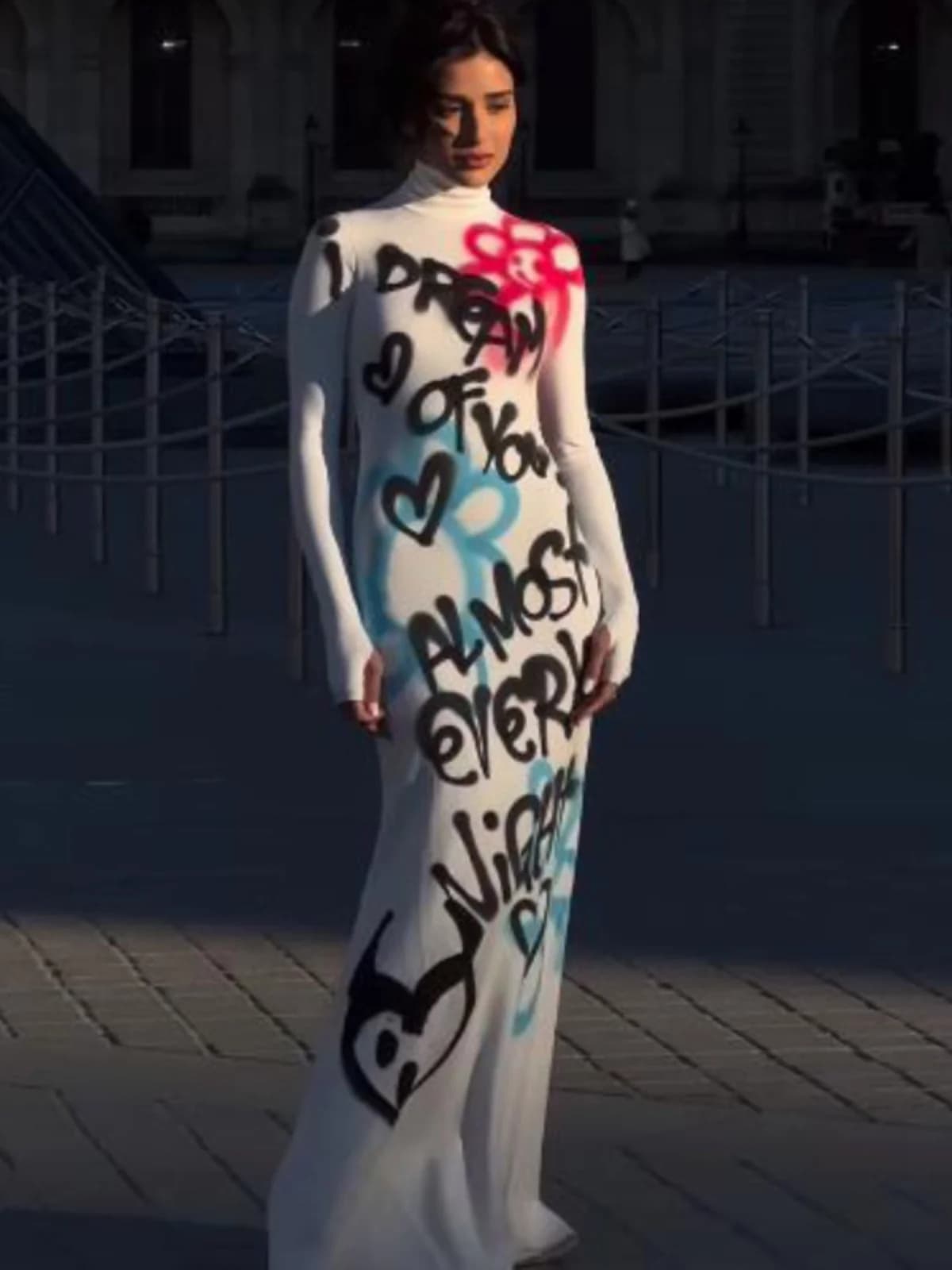 Slim Long Dress Spicy Girl round Neck Long Sleeve Graffiti Letter Print High Waist A-Line Cotton Polyester Spring Autumn Winter