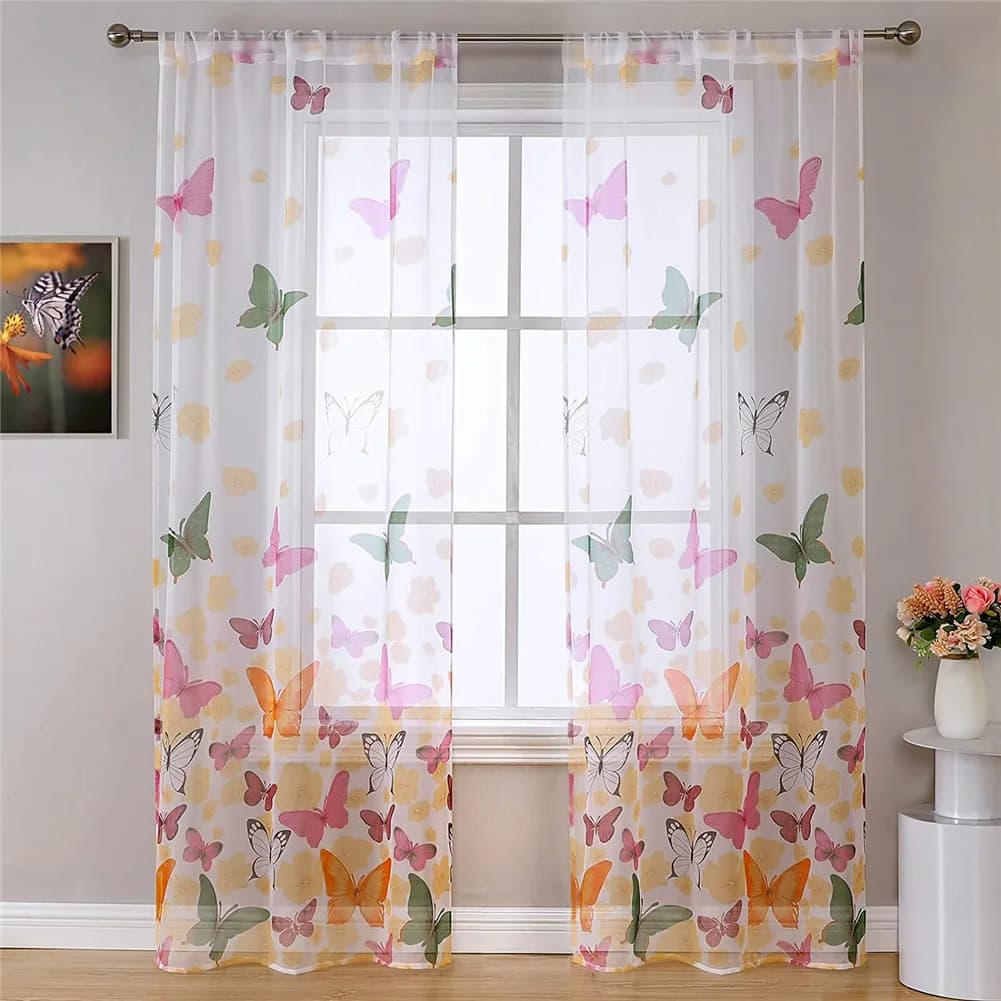 2 panels with butterfly pattern gauze curtains fresh floral pocket for rod semi-transparent curtains translucent panel draped 100x200 cm