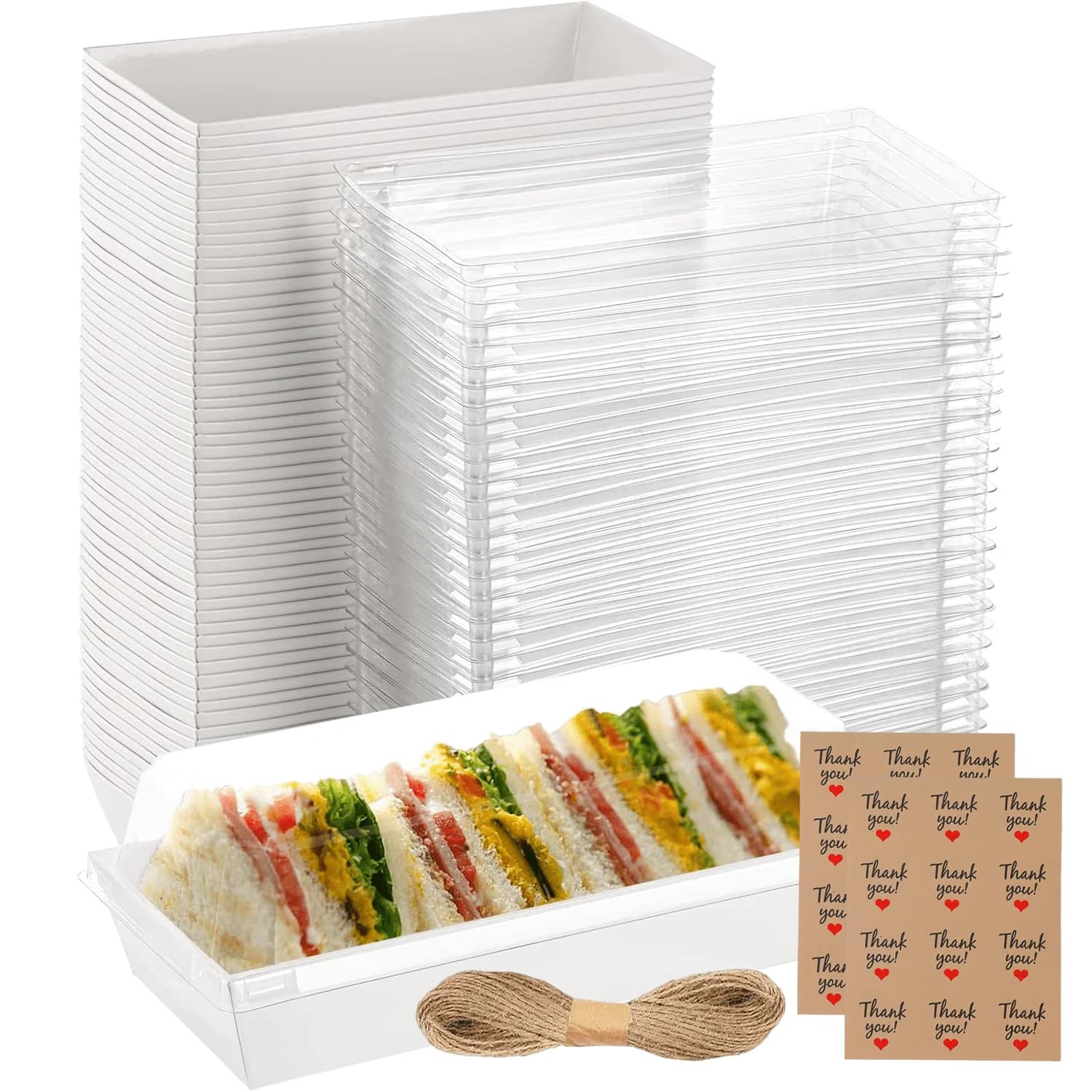 50 Pack Paper Charcuterie Boxes with Clear Lids, Thank you stickers, Twines, Disposable Sandwich Containers, Small White Bakery Treat Boxes for 2 Cupcakes, Muffins, Hot Cocoa Bombs, Strawberries, To Go Desserts Boxes(6.1"L x 3.3"W x 2.5"H)