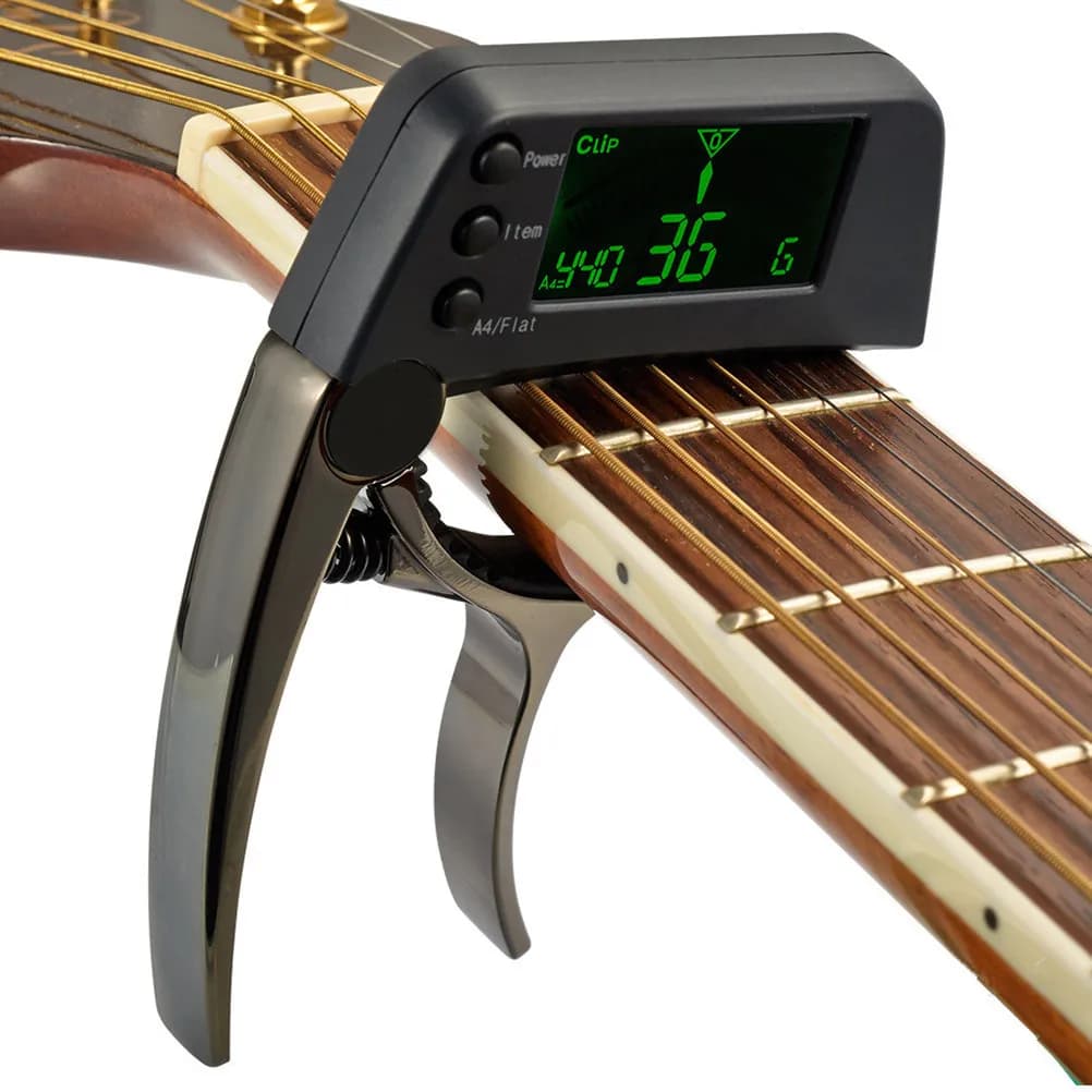 Accordatore Elettronico e Capotasto a Clip per Chitarra Acustica, Basso, Ukulele, Banjo - Dispositivo Digitale LCD Professionale per l'Accordatura