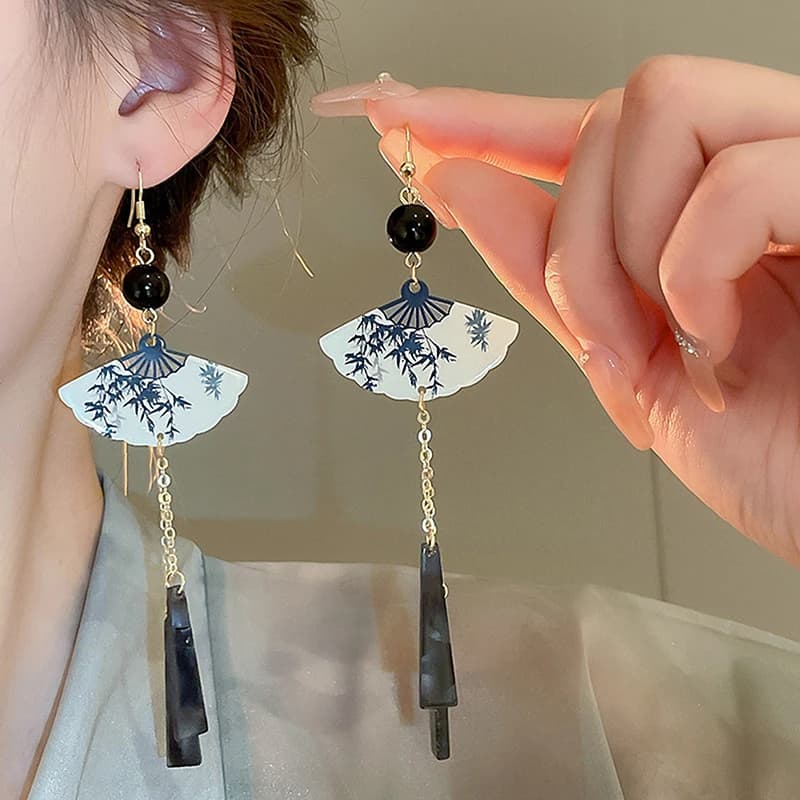 Chinese Ink Fan Butterfly Pendant Earrings For Women Fashion Creative Long Tassel National Earrings Jewelry Gift