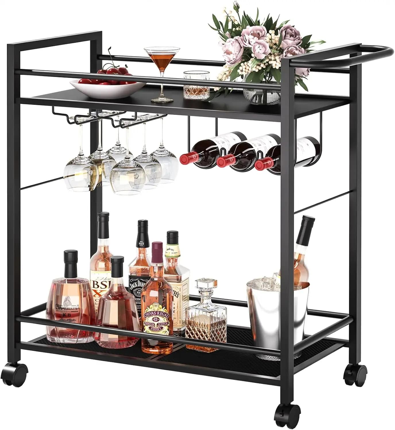 Carrello moderno con rotelle a 2 livelli con ripiani portaoggetti, portabottiglie e portabicchiere per cucina, soggiorno, nero