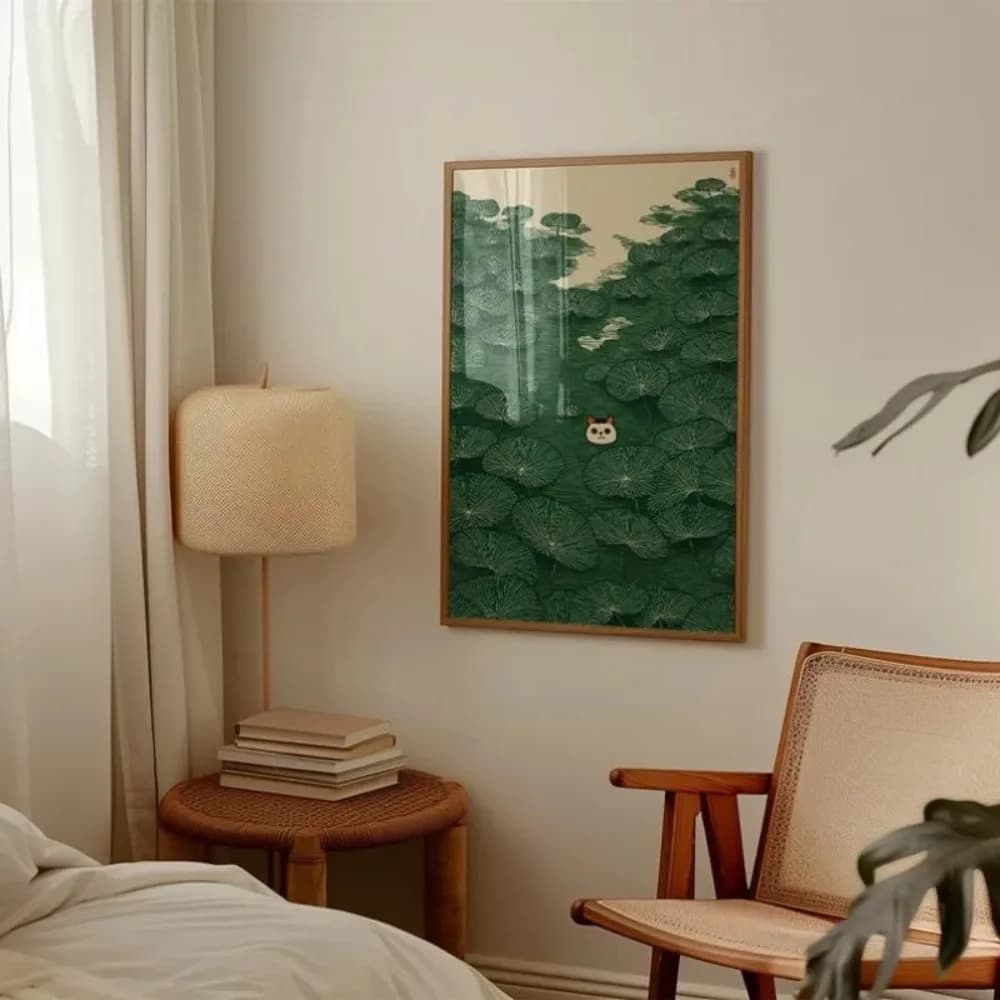Poster su Tela in Stile Giapponese con Gatto e Natura Verde, Paesaggio con Salice e Stagno di Gigli, Arte Murale per Soggiorno e Arredamento Casa