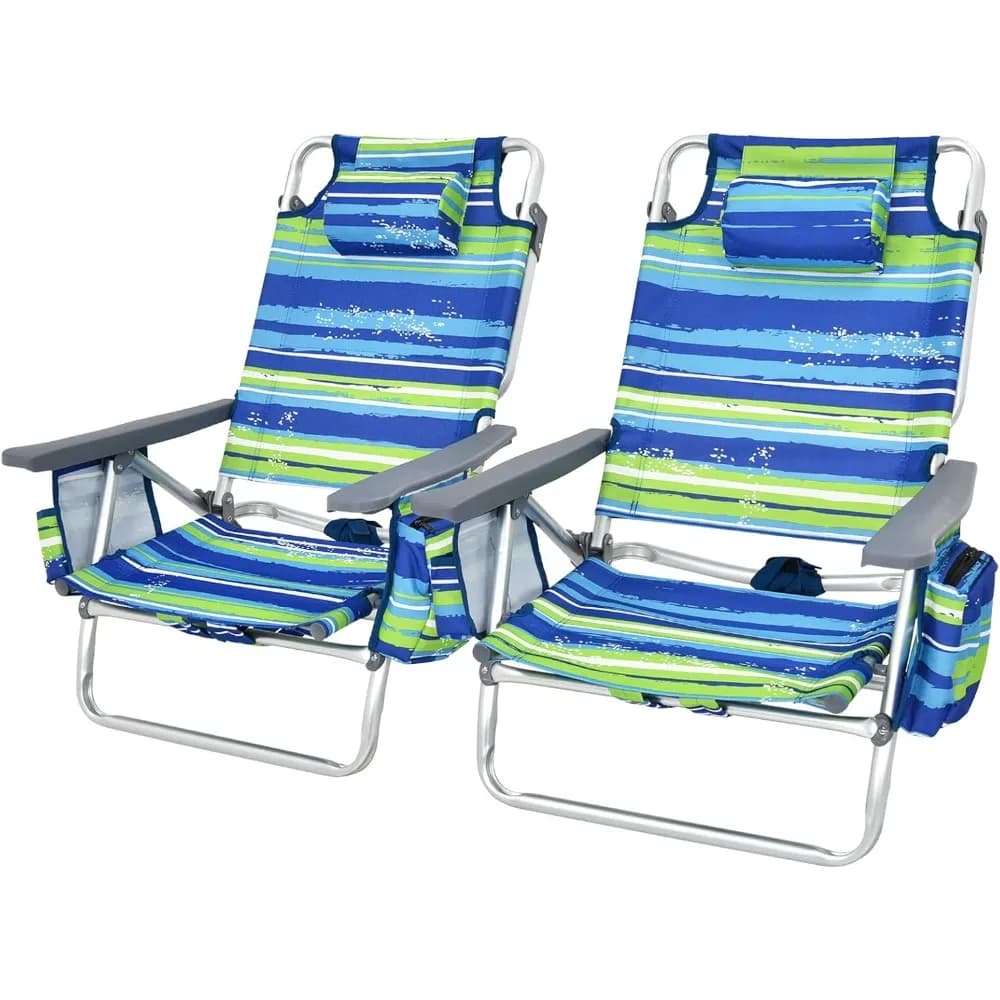 Set di 2 Sedie da Spiaggia a Forma di Zaino, Sedie da Spiaggia Pieghevoli a 5 Posizioni con Borsa Termica, 2 Portabicchieri, Porta Asciugamani, Personalizzabili
