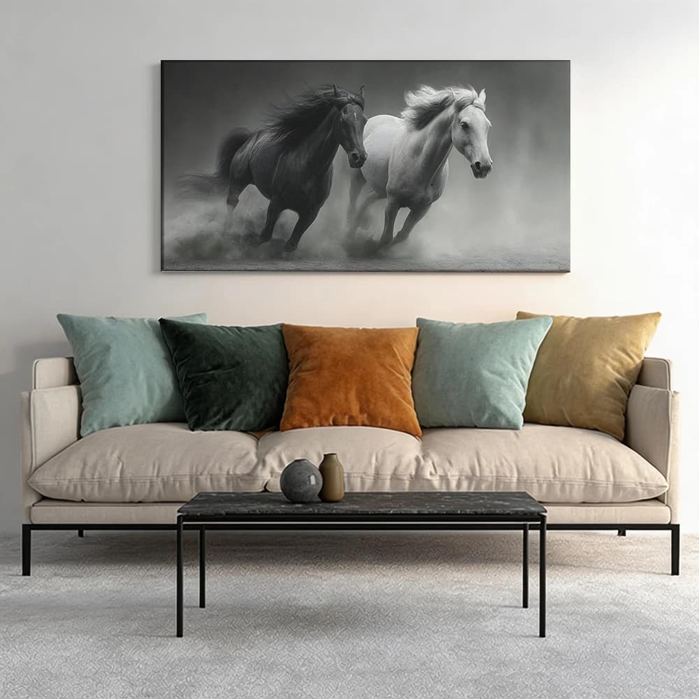 Painted on canvas with large wooden frame, 1 piece, Two horses in full gallop, white and black.
