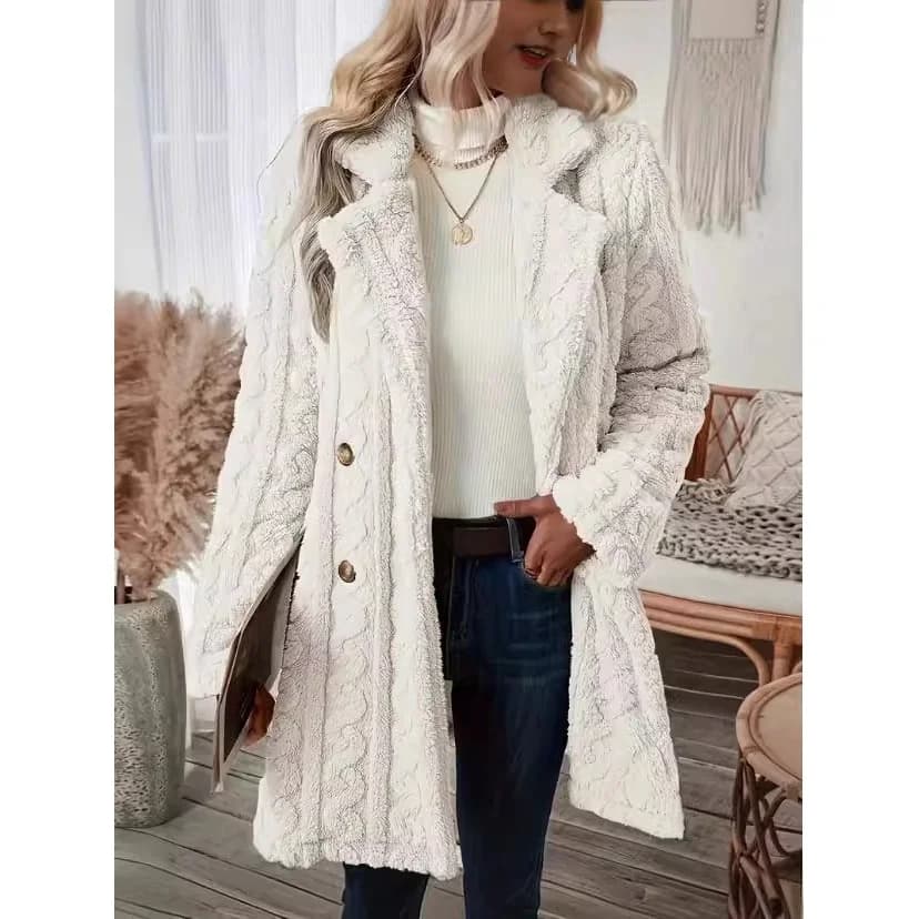 Women's Autumn Winter Plush Jacket Comfortable Casual Warm Suit Collar Double Buttoned Coat Long Sleeve Mid-Length Fashion