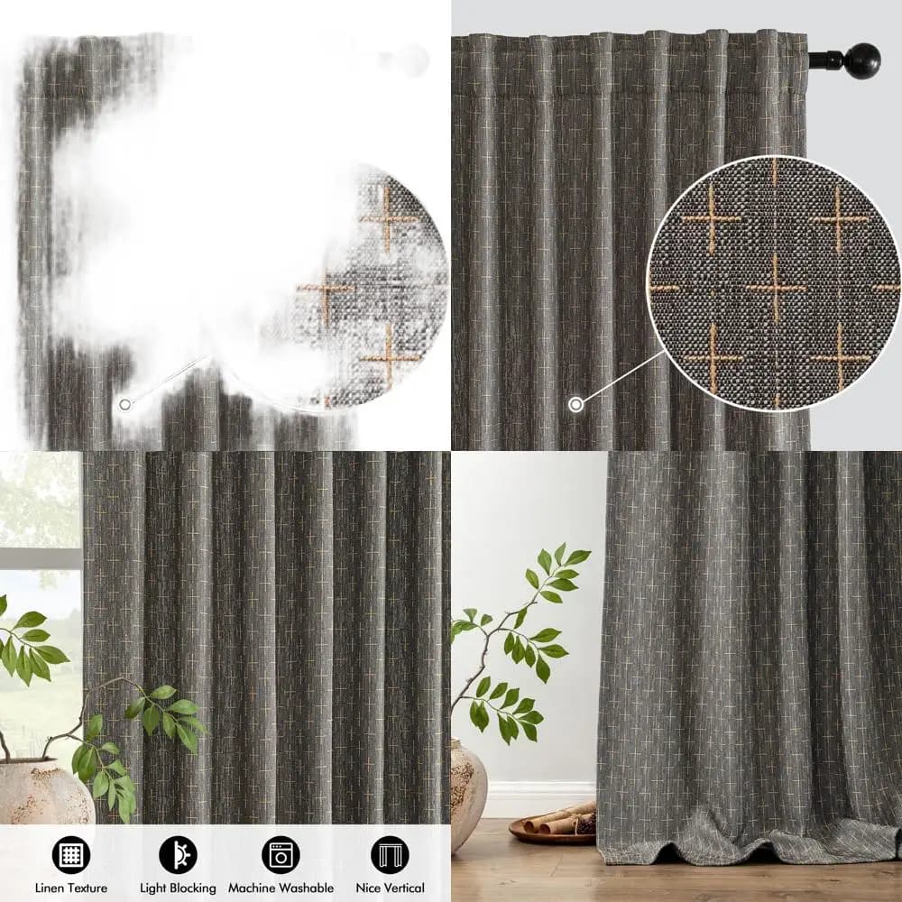 Linen curtains with geometric pattern, 84 long, dark grey, 2 panels set for farm style living spaces