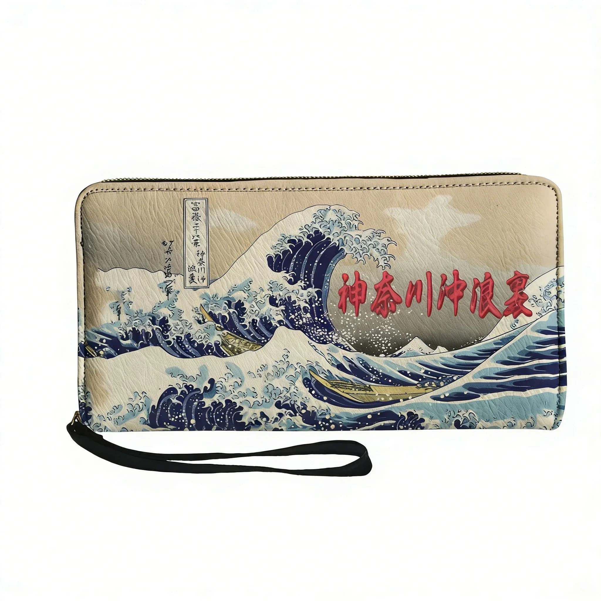 The Great Wave off Kanagawa Custom Wallet Purse Mens Womens Teenagers Zipper Long Wallets Double Print Portable Wallet Gift Bag