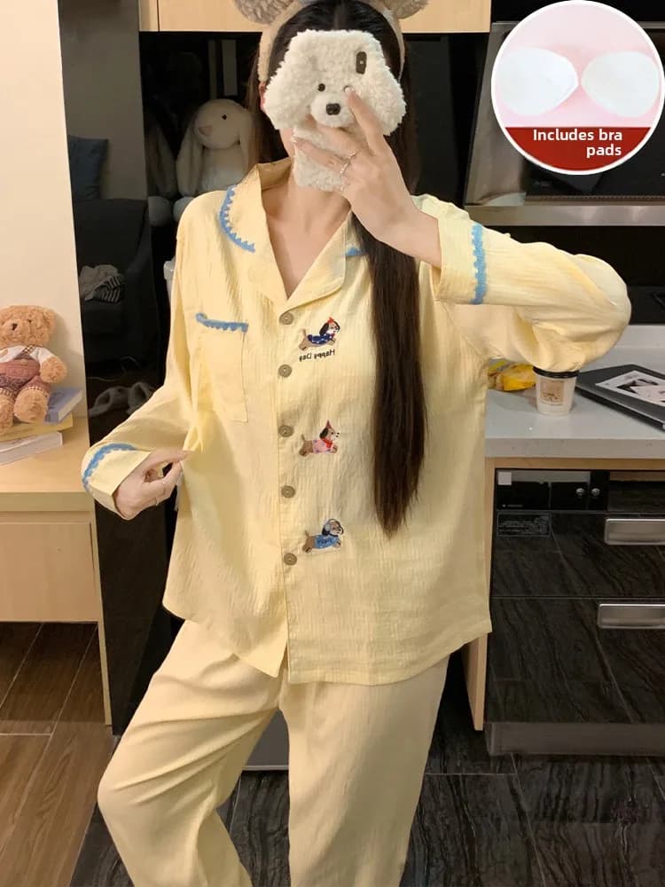 Abbigliamento da casa chic e unico da donna, a maniche lunghe, con colletto e imbottitura sul petto, adatto per primavera e autunno, con stampa cane cartone animato.
