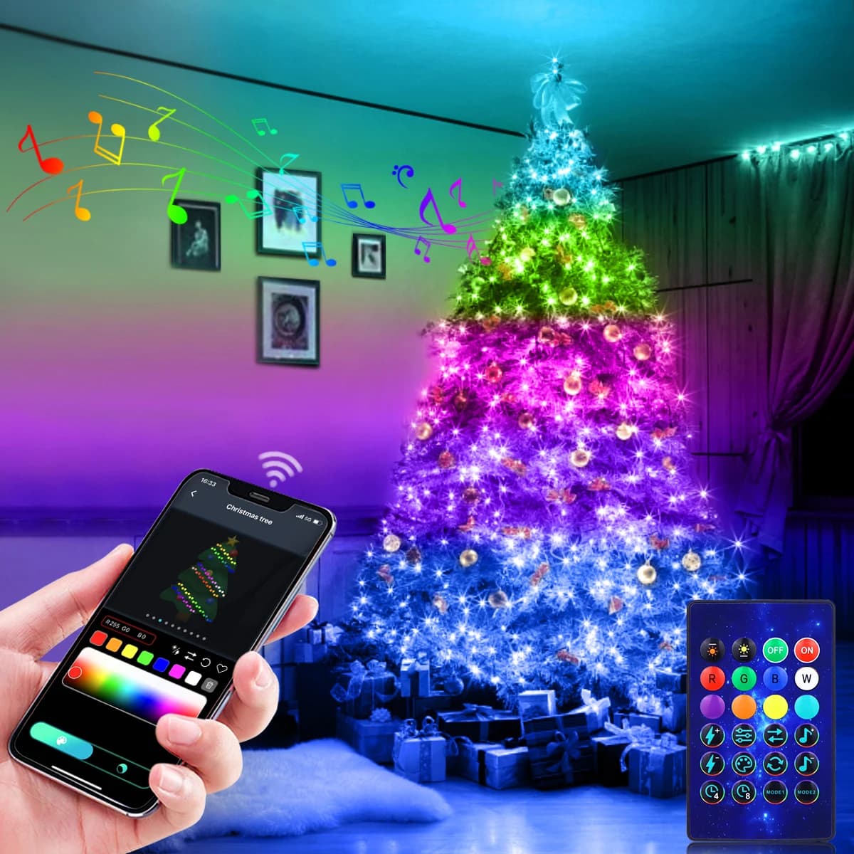 RGBIC Albero di Natale Luci a stringa LED USB Bluetooth Lucine Matrimonio Campeggio Giardino esterno Decorazioni per la stanza Luce ghirlanda a LED