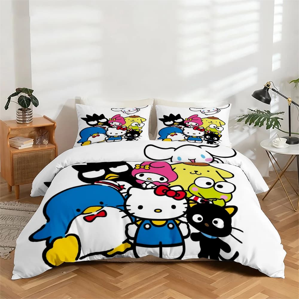 Bed linen set with high definition digital print in 3 pieces, large headdress set with Hello Kitty motifs and various cartoon characters, includes 1 headdress + 2 pillowcases, suitable for bedroom, guest room, home decorations, duvet cover + polyester fiber pillowcase, ultra soft bed linen, thick fabric, suitable for all seasons, washing machine