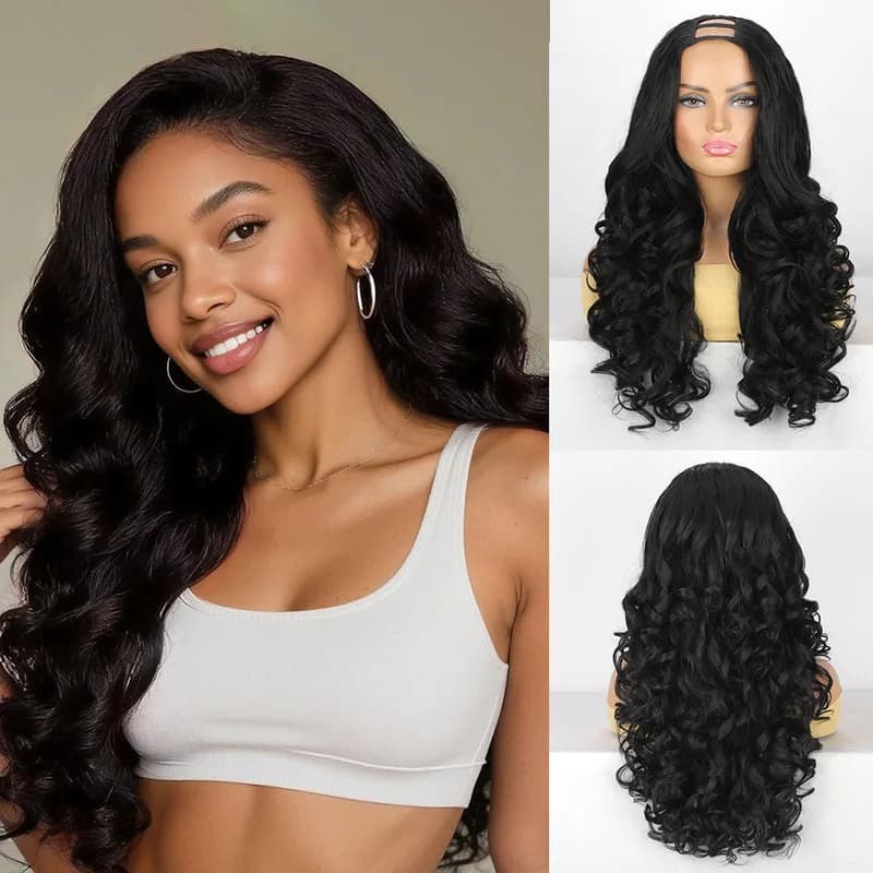 Women's Black Fluffy U- Long Curly Hair 24inch Clip-in Half U Part Wig