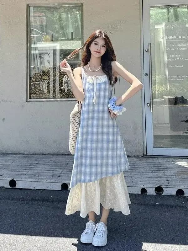 Abito Midi Senza Spalline a Quadri Stile Vacanza, Nuovo Abito Primaverile da Donna con Blocchi di Colore, Elegante Gonna Lunga Casual e Traspirante