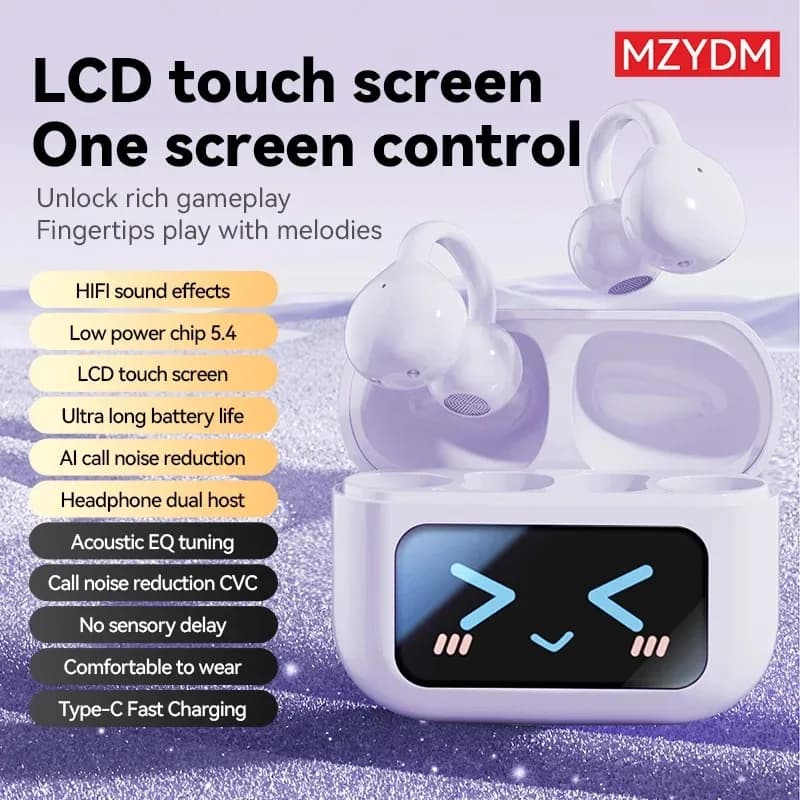 Bluetooth V5.4 Wireless Headphones with M100 Headset Clip, LCD Touch Control, ENC Noise Cancellation, Audio HiFi, OWS Sports Audiences