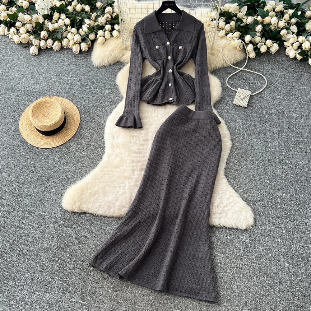 Vintage Elegant long sleeve turn-down collar Knit korean Fashion women clothing autumn dresses Two Piece Set