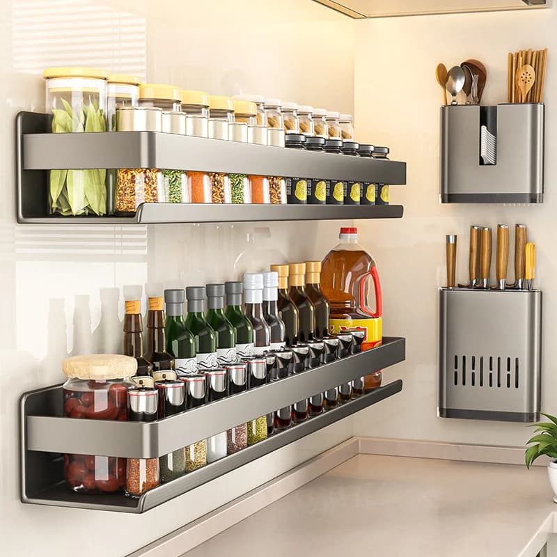 Portaspezie a parete senza trapano Set di organizer da cucina Scaffale portaoggetti multifunzionale