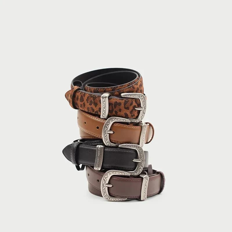 New Womens Western Belts with Floral Engraved Buckle, Vintage Suede Leather Belt Genuine Leather Girdle for Jeans Dress Skirt