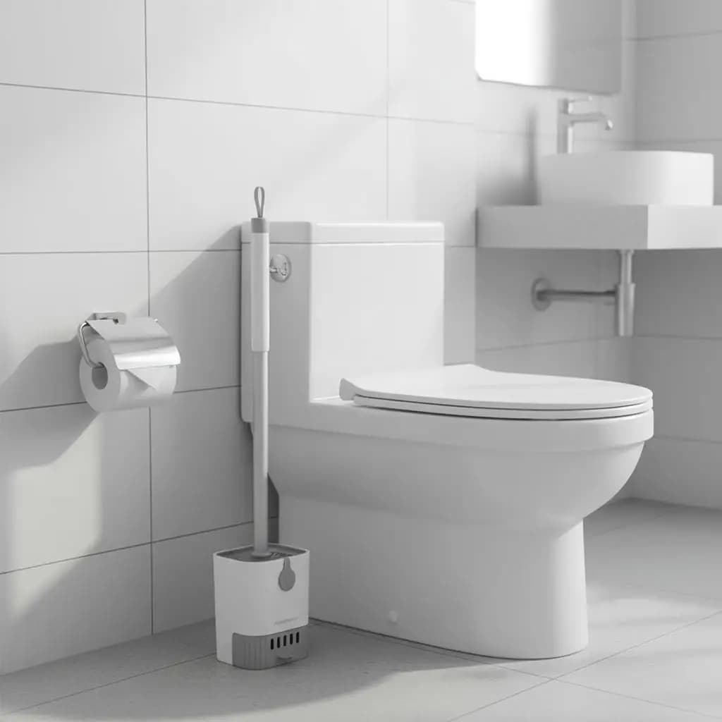 Spazzola per WC con Manico Lungo 42cm, Testa Curva per Pulizia Profonda, Supporto Staccabile per Igiene del Bagno