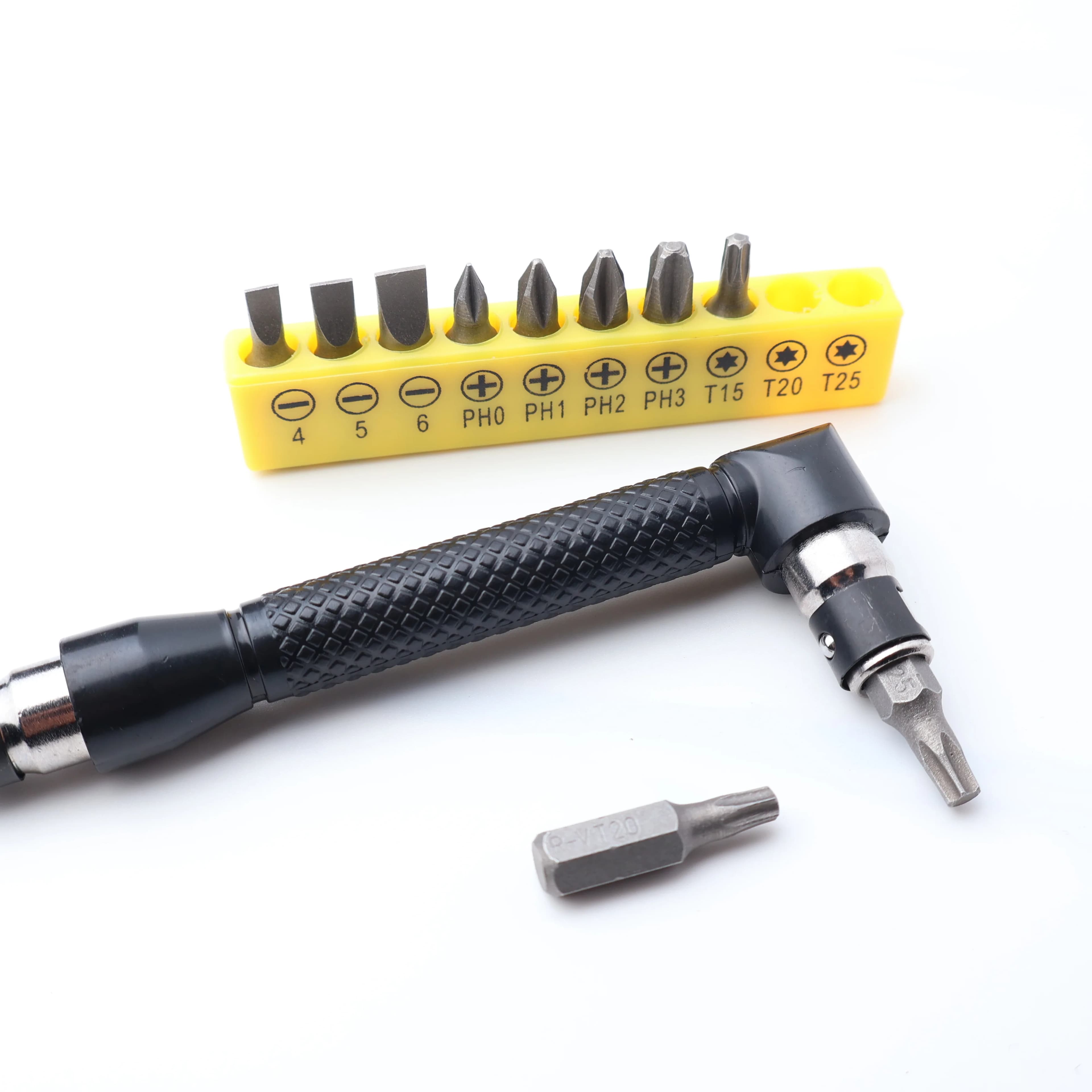 1 piece L-shaped black handle with 10 tips for screwdriver in yellow support Tool set with 90 degree double head hexagonal cod for tight spaces